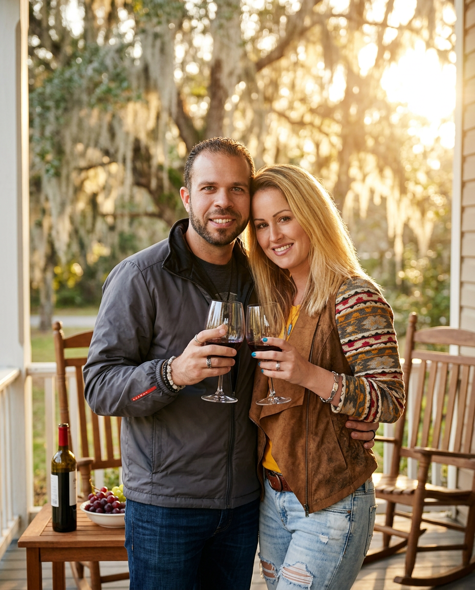 Damon & Deidra Slachter, curator of DeLand Wine Club, on a porch toasting with red wine