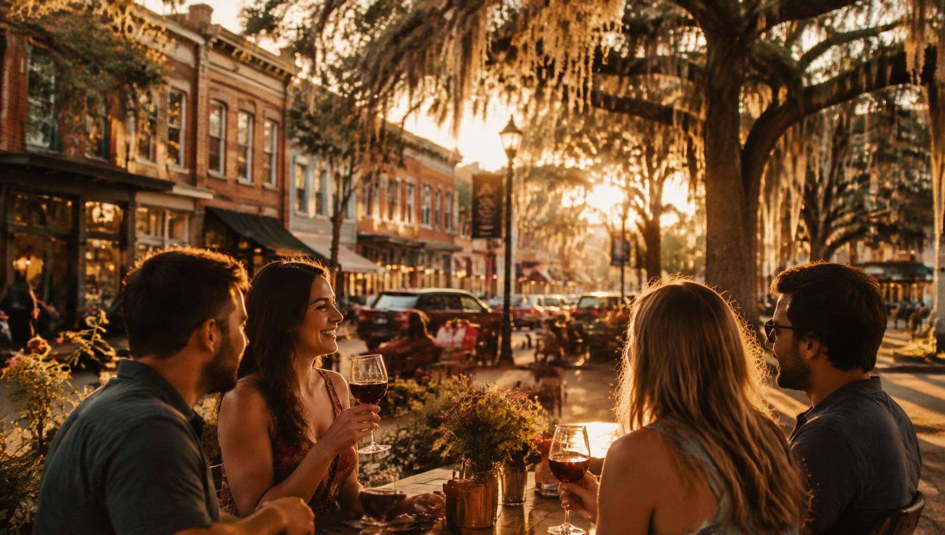 Friends sharing red wine at golden hour under oak trees on a downtown DeLand street