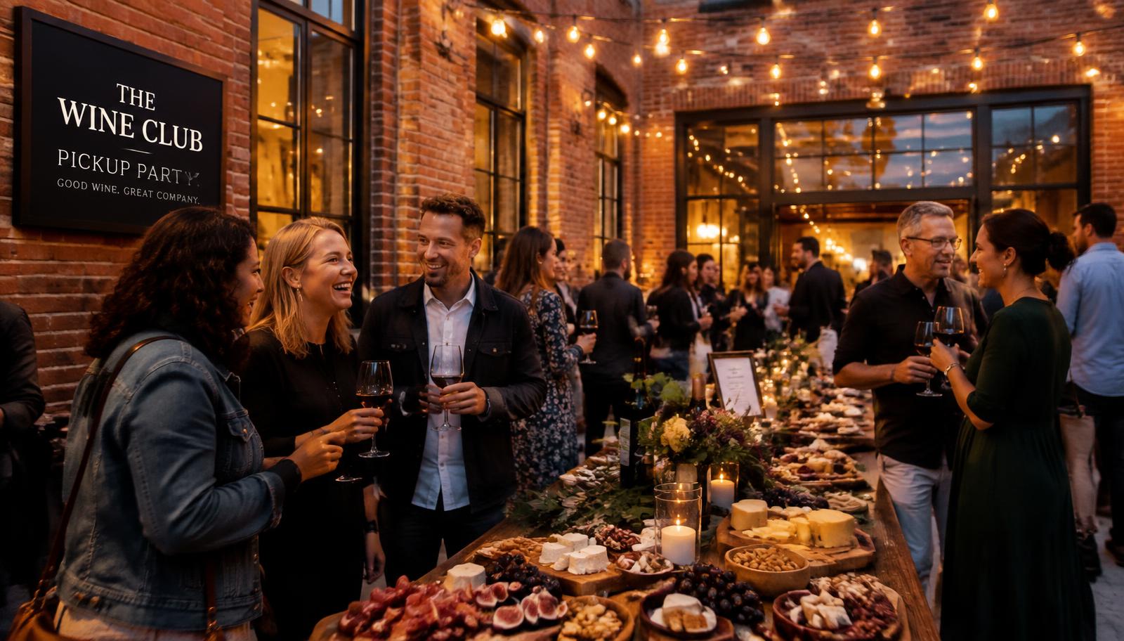 Members laughing around a grazing table at a downtown DeLand pickup party